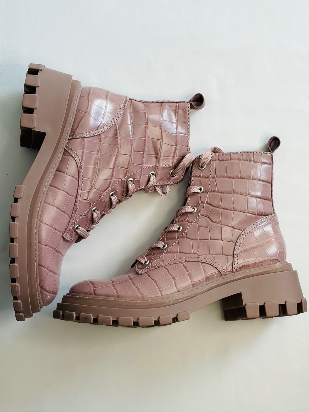SCHUTZ Orly Pink Croc Embossed Leather Lug Sole Combat Boots NWOB 8